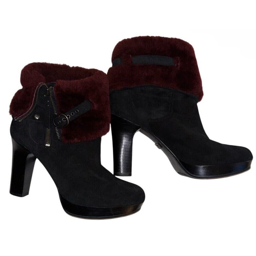 UGG Australia Womens Size 9 Scarlett Black Red Suede Sherpa Cuff High Heel Boots